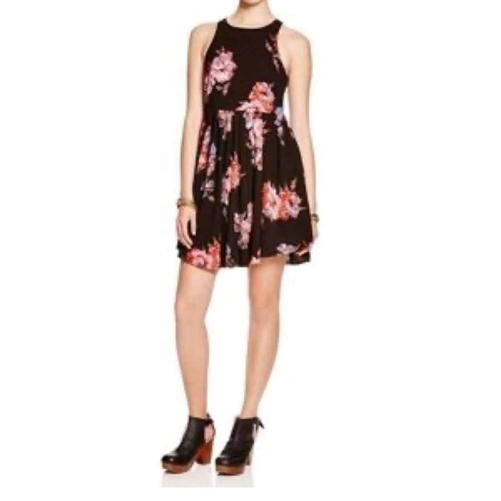 Free People Flutterby Tank Swing Floral Black and Pink Combo Mini Dress